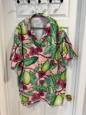 Men’s Tropical Avocado Print Short-Sleeve Shirt - Pink & Green Sz XXL